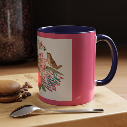 Pair of brown birds on bouquet with tulip, rose, and snapdragons, with butterflies by AnonymousAccent Coffee Mug, 11oz