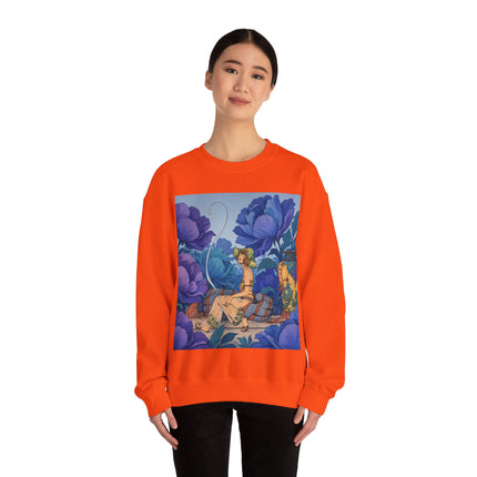 💙🌸 The Lady Among The Blue Blossoms Crewneck Sweatshirt – Art Deco Floral Reverie