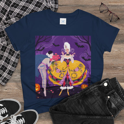 🎭🌹 The Harlequin Rose Masquerade Cotton Tee – Theatrical Halloween Romance