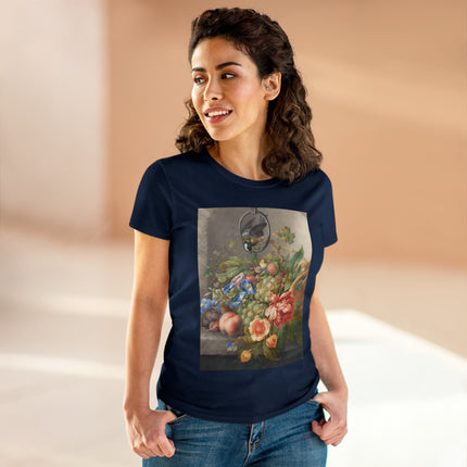 Still Life With Flowers, Fruit, A Great Tit And A Mouse by Herman Henstenburgh Women's Midweight Cotton Tee
