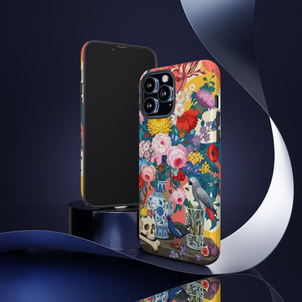 Floral Vanitas Phone Case – Parrot & Porcelain Splendor