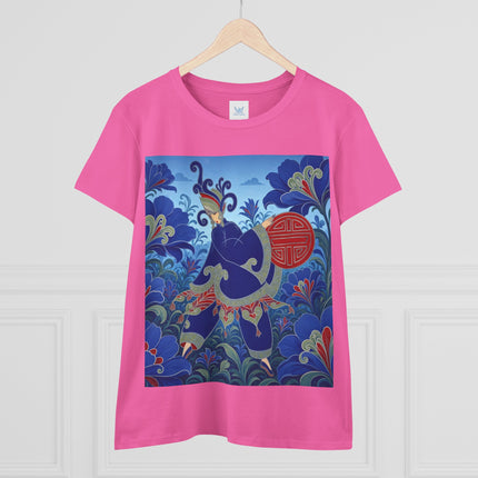 💙🌺 The Imperial Blue Garden Cotton Tee – Art Deco Oriental Elegance