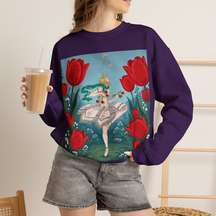🌷🩰 The Scarlet Tulip Ballet Crewneck Sweatshirt – Art Deco Floral Whimsy