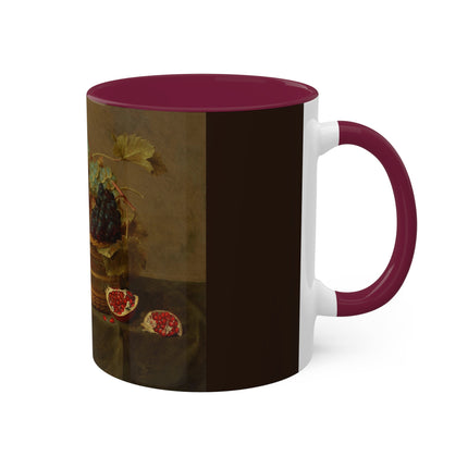 Basket of Grapes and a Pomegranate on a Table by Jacob van Hulsdonck Colorful Mugs, 11oz