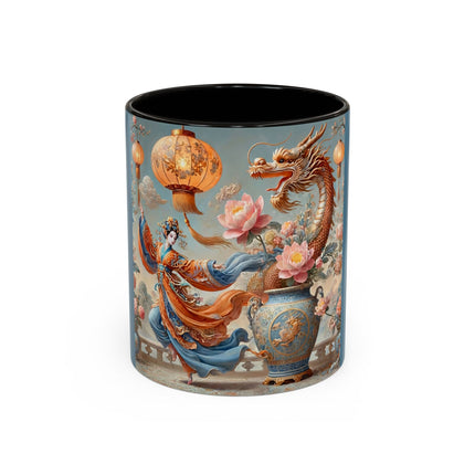 Golden Dragon & Lantern Lady Colorful Mug – Imperial Dragon & Elegant Harmony