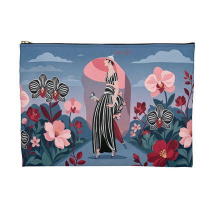 🌸🖤 The Striped Orchid Promenade Accessory Pouch – Art Deco Floral Fashion