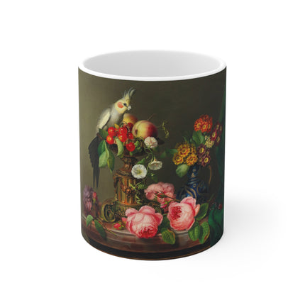 Still Life with Roses, Fruit, Cockatiel, and Stag Beetle by Leopold Brunner the Elder Ceramic Mug 11oz