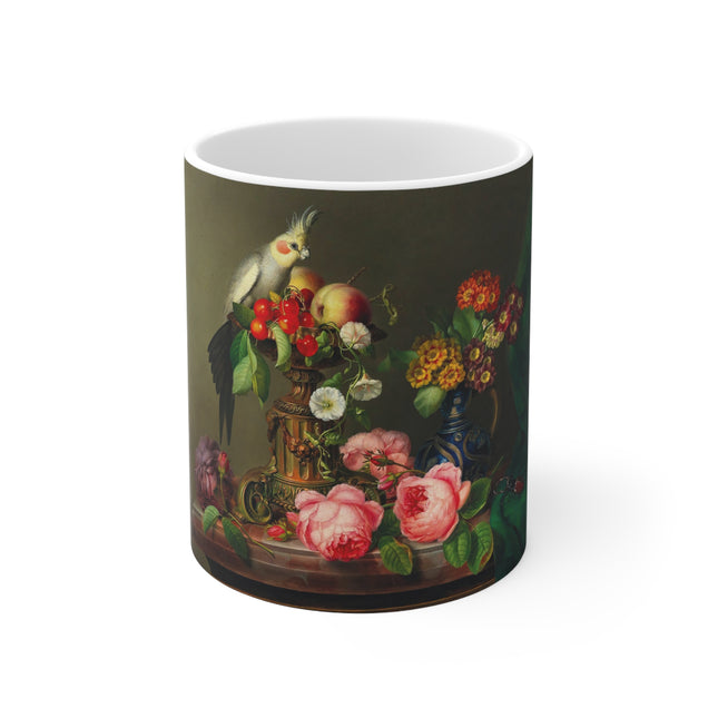 Still Life with Roses, Fruit, Cockatiel, and Stag Beetle by Leopold Brunner the Elder Ceramic Mug 11oz