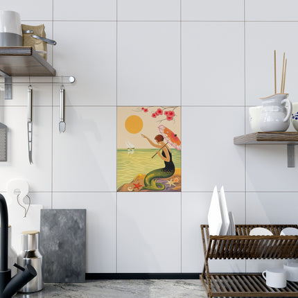 🧜‍♀️☂️ The Mermaid With The Parasol Ceramic Tile – Art Deco Seaside Fantasy