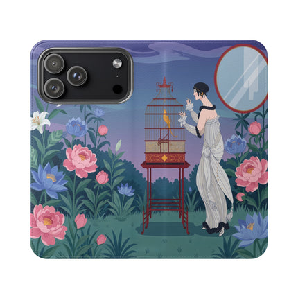 🐦🌸 The Lady And The Golden Bird Flip Case – Art Deco Floral Reverie