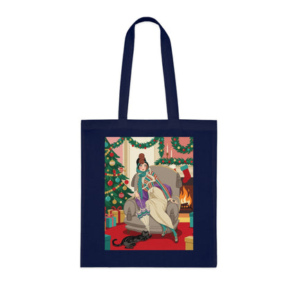 🔥🎄 The Lady Of The Christmas Hearth Cotton Tote Bag – Art Deco Holiday Warmth