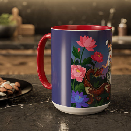 The Lady And The Garden Dragon Colorful Mugs – Art Deco Mythical Botanical Elegance