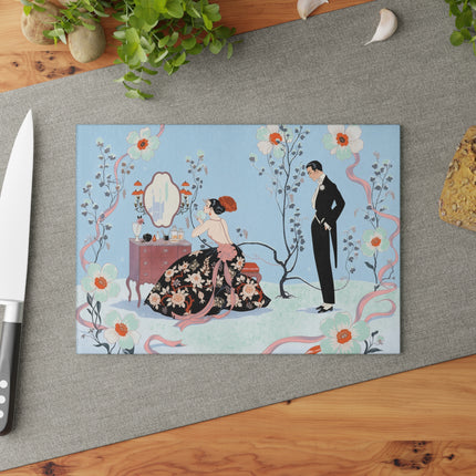 🌸🪞 The Lady At Her Winter Vanity Glass Cutting Board – Art Deco Romantic Elegance