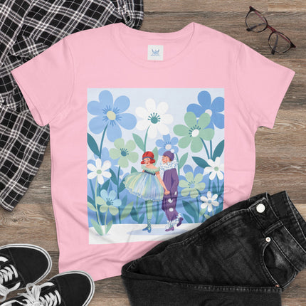 🌸🎭 The Little Dancers In The Flower Garden Cotton Tee – Art Deco Floral Whimsy