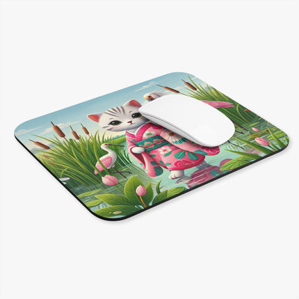 Geisha Kitten Strolls Among the Spoonbills Mouse Pad – Serene Grace & Marshland Wonder