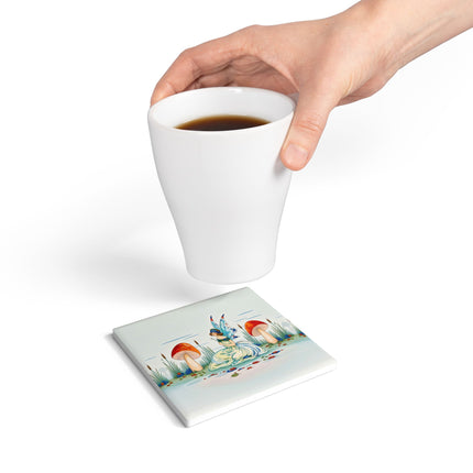 🧚🍄 The Fairy Of The Scarlet Mushrooms Ceramic Coaster – Art Deco Woodland Fantasy