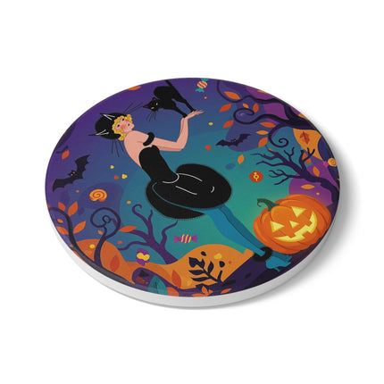 🐈‍⬛🎃 The Midnight Black Cat Masquerade Ceramic Coaster – Whimsical Halloween Elegance