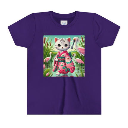 Geisha Kitten Strolls Among the Spoonbills Youth Short Sleeve Tee