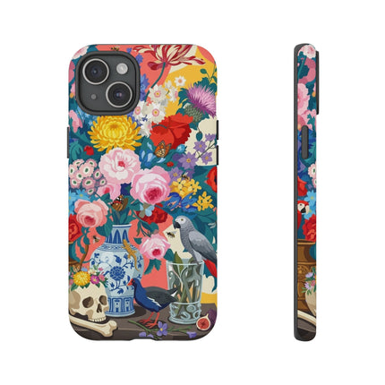 Floral Vanitas Phone Case – Parrot & Porcelain Splendor