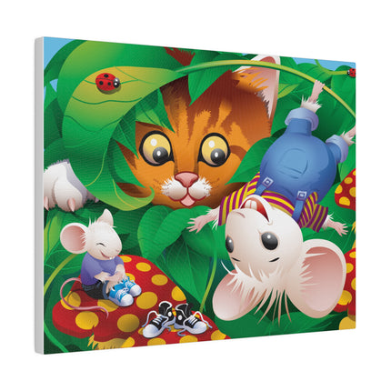 Whimsical Adventure – Playful Cat and Mice in a Colorful Forest