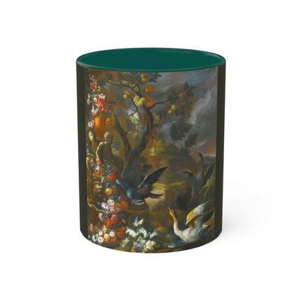 Still Life With Birds Beside An Ornate Fountain by Nicola Casissa Colorful Mugs, 11oz
