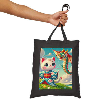Geisha Kitten and the Dragon Kite Cotton Canvas Tote Bag – Joyful Flight & Dragon Spirit