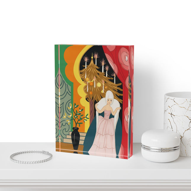 ❤️ The Lady Of The Candlelit Christmas Alcove Acrylic Art Block – Art Deco Holiday Elegance