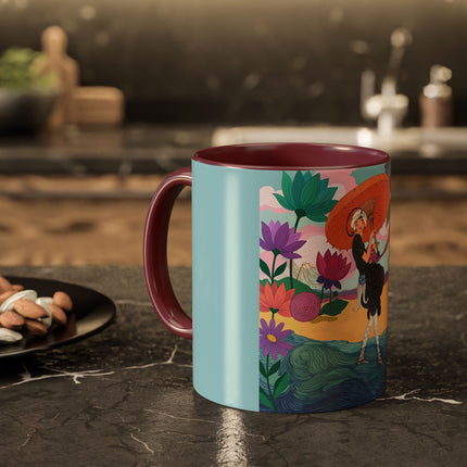 The Lady Of The Coral Parasol Colorful Mugs – Art Deco Coastal Elegance