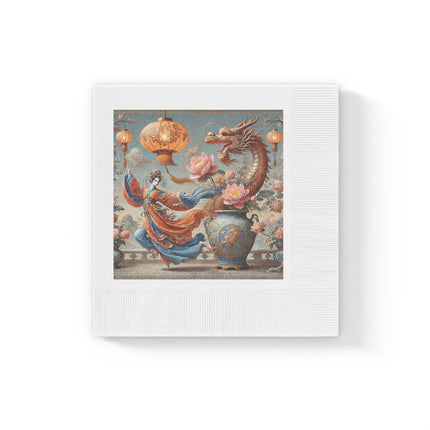 Golden Dragon & Lantern Lady White Coined Napkins – Imperial Dragon & Elegant Harmony