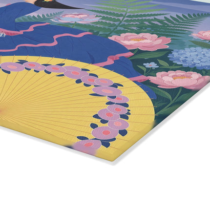 🌸🎩 The Lady Of The Hydrangea Promenade Glass Cutting Board – Art Deco Garden Elegance