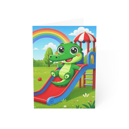 🐊🌈 The Little Crocodile Playground Adventure Greeting Card – Whimsical Animal Adventure