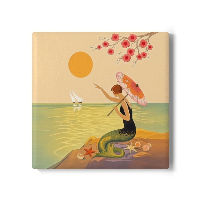 🧜‍♀️☂️ The Mermaid With The Parasol Ceramic Coaster – Art Deco Seaside Fantasy