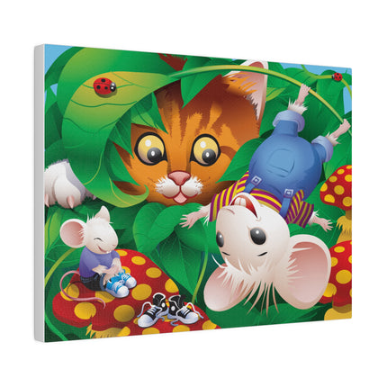 Whimsical Adventure – Playful Cat and Mice in a Colorful Forest