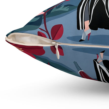 🖤🌸 The Lady Of The Striped Promenade Square Pillow – Art Deco Floral Elegance