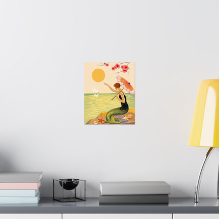 🧜‍♀️🌸 The Lady Of The Seaside Parasol Matte Vertical Poster – Art Deco Mermaid Fantasy
