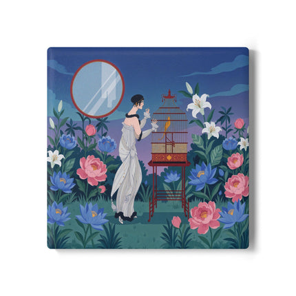 🌸🐦 The Lady Of The Garden Birdcage Ceramic Coaster – Art Deco Floral Elegance