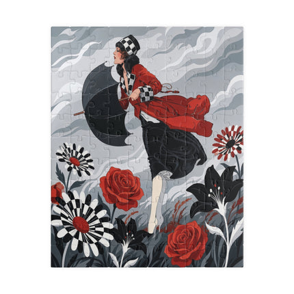 🌹☂️ The Lady In The Storm Puzzle – Art Deco Floral Drama