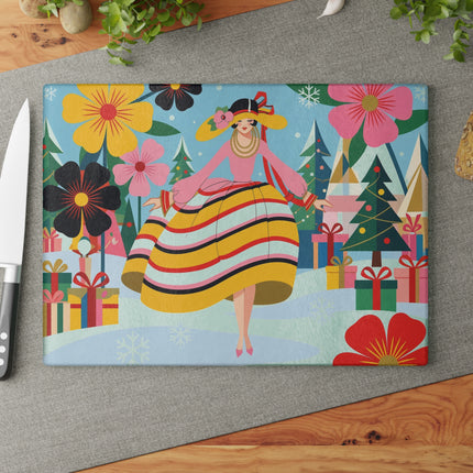 🌸🎁 The Lady Of The Christmas Flower Garden Glass Cutting Board – Art Deco Holiday Fantasy