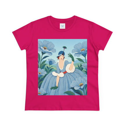 💙🌼 The Blue Blossom Garden Belle Cotton Tee – Art Deco Floral Whimsy