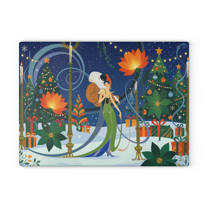 🪷🎄 The Lady Of The Christmas Lotus Garden Glass Cutting Board – Art Deco Holiday Fantasy