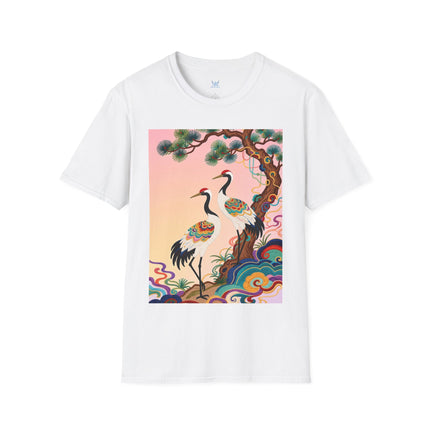 🐦🌸 The Enchanted Crane Garden Softstyle T-Shirt – Oriental Elegance & Colorful Harmony