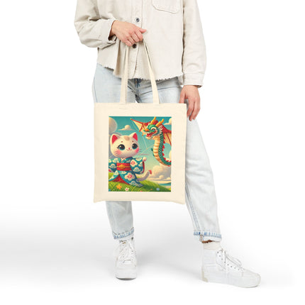 Geisha Kitten and the Dragon Kite Cotton Canvas Tote Bag – Joyful Flight & Dragon Spirit