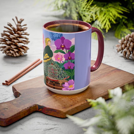 The Lady And The Crimson Birdcage Colorful Mugs – Art Deco Tropical Garden Elegance
