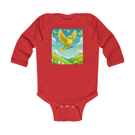 Canary Jumping Rope Baby Long Sleeve Bodysuit – Whimsical Canary Garden Play Design