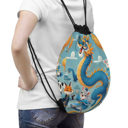 The Blue & Gold Dragon Festival Parade Drawstring Bag – Joyful Celebration & Cultural Magic