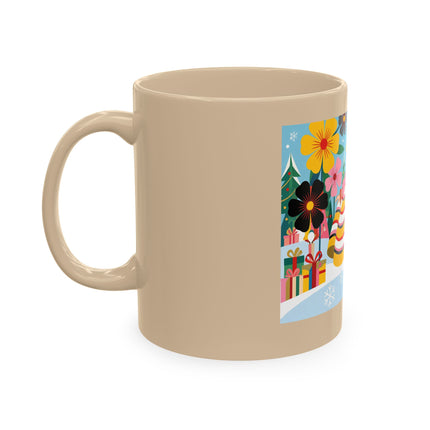 🎄🌸 The Lady Of The Striped Christmas Garden Ceramic Mug – Art Deco Holiday Whimsy