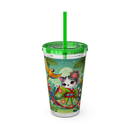 Parrot Dance of the Geisha Kitten Sunsplash Tumbler with Straw, 16oz