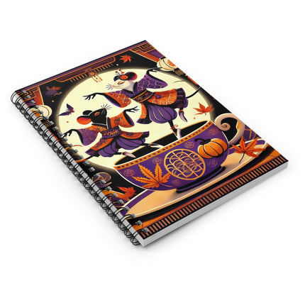 Theatrical Halloween Kabuki Mice on Teacup Spiral Notebook - Ruled Line
