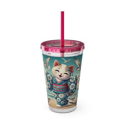 Geisha Kitten by the Seaside Sunsplash Tumbler with Straw, 16oz