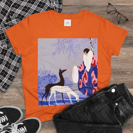 🦌🌸 The Lady Of The Graceful Deer Cotton Tee – Art Deco Garden Elegance